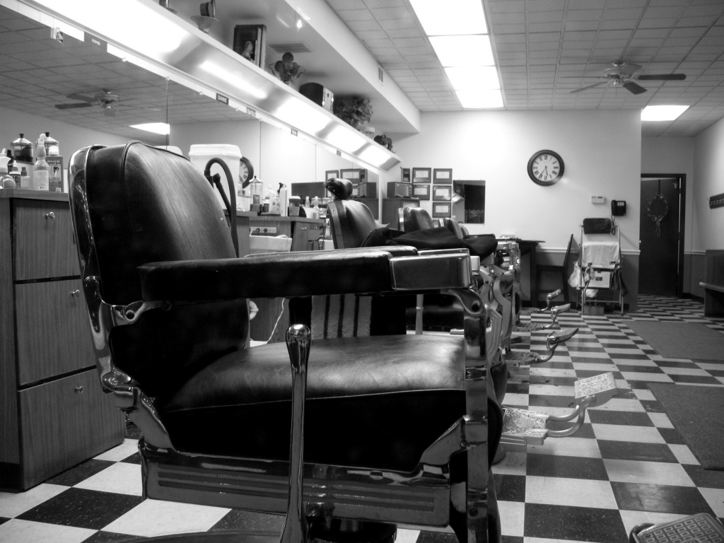 Old school barber shop with a checkerboard floor in black and white